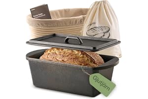 Praknu Rektangulär Gjutjärnsgryta för Brödbakning (28 × 12 cm) – Dutch Oven Set – Med Jäskorg och Brödpåse – Gryta med Lock