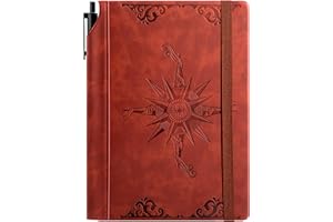 CAGIE Compass Leather Notebook Journal for Men, 100 GSM 288 Pages Lined Journals for Writing, A5 Hardcover Journaling Notebooks Gifts Set with Pen for Travel Office Daily Writing, Wine Red