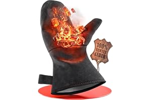 achilles Kaminhandschuh, Entspricht Norm EN407, Mit Thermoisolierung, Ofenhandschuh aus Leder, Schutzhandschuh feuerfest, Grillhandschuh, hitzebeständiger Leder Handschuh, schwarz
