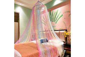 Eimilaly Baldaquin de lit Princesse Arc-en-Ciel avec étoiles phosphorescentes, baldaquin de lit pour décoration de Chambre de Fille ou fête sur Le thème de la Licorne