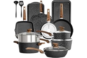 Kitchen Academy Batterie de cuisine à induction 17 pièces avec couvercles en verre et revêtement en granit avec poêles et casseroles (noir, 17 pièces)