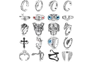 JeryWe 16–20 Stück Vintage Punk Ringe für Männer Frauen Gothic Offene Ringe Silber Schwarz Schädel Skelett Oktopus Tentakel Augen der Hölle Tier Verstellbare Ringe Set Stapelbar Y2K Fingerringe