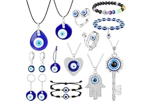 ADRAMATA 16 Pezzi Malocchio Collana Bracciale con Perline per Donna Uomo, Orecchini Anelli Set di Gioielli Turchi per Protezione Benedizione Hamsa