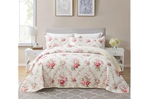 QAHING 3 Pieces Floral Quilt Set Queen Size Beige Pink Rose Print Shabby Chic Bedspread Coverlet Lightweight Bed Cover for All Season - 90" x 96"