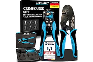 ALPHATEC® Crimpzange Set mit Wechselbacken inkl. automatische Abisolierzange - [0,25-10mm²] - Crimpzange Kabelschuhe, Aderendhülsenzange, Flachstecker, MC4 Zange PV Solar - Krimpzangenset 8-teilig