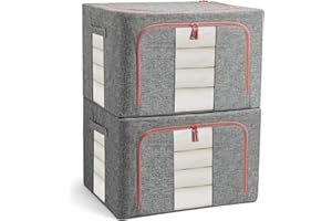 FUSACONY Closet Organizers and Storage, Foldable Oxford Cloth Steel Frame Box,2 Pack,Clear Window & Carry Handles, Waterproof, can Hold Large-capacity Clothes, Bedding, Blankets, Grey (22L)