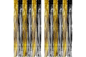 Black and Gold Foil Fringe Party Backdrop - GREATRIL Tinsel Curtain Streamers for New Years Eve 2026 Prom Retirement Farewell Cocktail EID Graduation Birthday Party Decorations - 1m X 2.5m - 2 Packs
