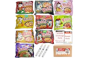 AlphFa® Probierset Samyang Buldak Ramen 9 Stück inkl. 3x Essstäbchen Challenge- u. Rezeptkarte - Die schärfsten Nudeln der Welt - Hot Chicken Instant Ramen asiatische Nudeln scharf korean halal food
