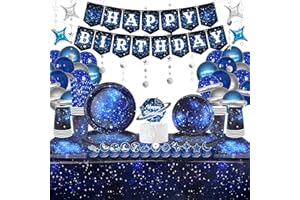 YWEDIIM Space Galaxy Party Tableware Set , Includes Banner, Plates, Cupcake Topper Napkins, Cups,Tablecloth, Balloons, Foil Balloons, for 20 Guests Galaxy Outer Space Theme Birthday Party Decoration