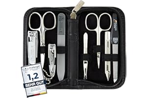 ‎DREI SCHWERTER DREI SCHWERTER - Maniküreset 'Roma' - Nageletui mit 8 Instrumenten: Nagelschere, Hautschere, Fuß / Finger-Nagelknipser, Nagelreiniger, Pinzette, Glasnagelfeile, Saphirnagelfeile - schwarz-ECHTLEDER