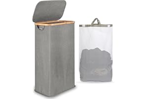 iEGrow Schmaler Wäschekorb mit Deckel, 60 Liter, Wäschekorb mit Bambusgriff und Deckel, Faltbarer Wäschekorb für schmutzige Kleidung, Spielzeug, Handtücher, Aufbewahrungslösung mit herausnehmbarem und