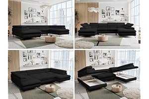 ‎MKS MEBLE MKS MEBLE Sofa U-Form Schwarz, Wohnlandschaft U-Form, Sofa mit Schlaffunktion und Bettkasten, Schlafsofa mit Bettkasten, Couch mit Verstellbare Kopfstützen - Peter U - Schwarz Boucle