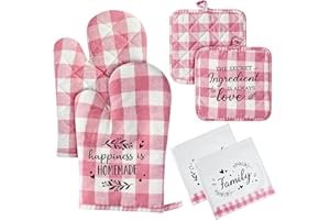 R HORSE Kitchen Towels Oven Mitt Set - 6PCS Pink Pot Holder Oven Glove Dish Towel Non-Slip Gloves Funny Dishcloth Kitchen Farmhouse Decor Cooking Baking Grilling Gift for Mom Hostess Housewarming