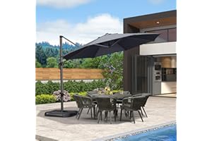 PURPLE LEAF 3.3 M Round Garden Cantilever Parasol, Large Square Patio Umbrella with Crank Handle and Tilt for Balcony and Outdoor, Grey