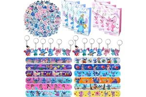 JunMallko Sti-tch Cadeaux Anniversaire pour Enfants, 12 Pcs Sti-tch Bracelet de Slap + 12Pcs Sti-tch Porte-clés + 50Pcs Sti-tch Autocollants + 12Pcs Sac Cadeau, Faveurs pour la Fête de Anniversaire