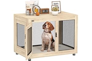 PawHut Jaula para Perros Grandes Estilo Mueble Casa para Perros 94x60x71,5 cm Mesa Auxiliar con 2 Puertas de Pestillo Cojín de Tela Oxford y Rejillas de Acero Roble
