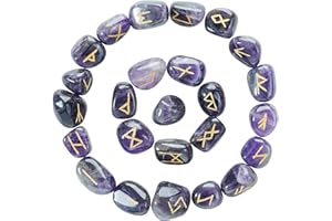 Crocon Pietra preziosa di Ametista Pietre runiche con Alfabeto Futhark Elder Inciso Simbolo 25 Pezzi Set per Feng Shui Chakra Balancing Reiki Healing Crystal Set Dimensioni: 15-20 mm