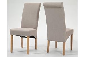 Hallowood Furniture Premium Roll Top Linen Fabric Dining Chairs Set of 2 in Beige Colour - Dining Chair with Solid Wooden Legs - Modern Kitchen Chairs for Dining Room, Home, Restaurant & Café