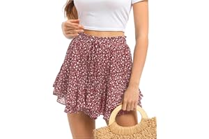 JHSNJNR Damen Kurz Boho Leicht Sommerrock Fließender Doppellagiger Rüschen Chiffon Rock Urlaub Blumen Minirock Shorts