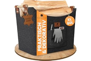 BLACK OAK Montana XL 60L Filzkorb & Holzkorb für Kaminholz - Echt-Leder Applikation + breite Griffe + Fronttasche extra groß - Filz Tasche Korb für Holz faltbar Transport & Aufbewahrung anthrazit