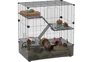 PawHut Jaula para Animales Pequeños de 4 Niveles Jaula para Roedores con Bandeja Profunda Rampas Plataformas Comedero y Bebedero Recinto para Chinchillas Hurones Hámster 73x47x80 cm Negro