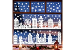GAEEP 154 PCS Christmas Window Stickers, Christmas Window Clings Reusable Double Sided, PVC Static House Snowflake Window Decals White for Xmas Window Glass Door Decorations, 10 Sheets