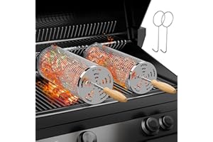 JUAUO Grillkorb Grillzubehör (2-Stück), 304 Edelstahl, Abnehmbarer Holzgriff, Rotierender Grill Korb Rund für Gemüse Meeresfrüchte Fleisch Camping Grillen, Geschenke für Grillliebhaber Männer Ehemann