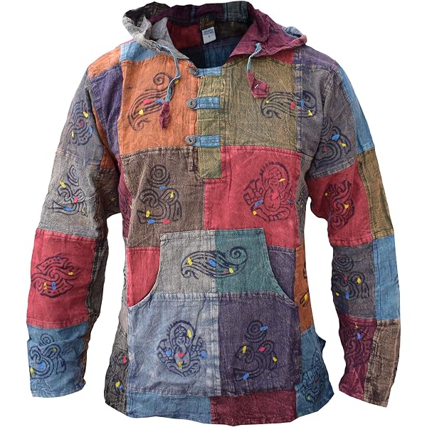 Shopoholic Men's Hippie Cotton Hooded Shirt - Stonewashed, Festival Boho Style, Orange (Medium)