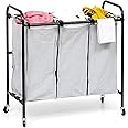 Livzing Metal Laundry Sorter 3 Section Cart With Rotating Wheels - Trolley With Removable Bags - 3 Compartment Divider Organizer & Basket for Bedroom, Home - Grey