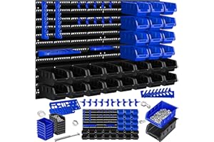 ‎MASKO MASKO® Stapelboxen + Wandregal + Werkzeughalter 45-teiliges Set Box erweiterbar Sichtlagerkästen Schüttenregal Steckregal, Hängeregal Sortimentskasten Kleinteilemagazin Werkstatt-Regal Schwarz/Blau