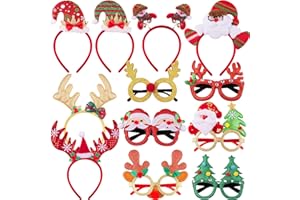 SIQUK 6 Stück Weihnachten Haarreif und 6 Stück Weihnachten Brillen Lustiges Rentier Kostüm Stirnband Weihnachtsbaum Gläser Gastgeschenke und Dekoration für Weihnachten