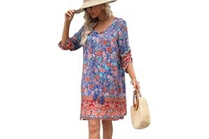 Beyove Damska tunika w stylu boho, sukienka plażowa, letnia sukienka w stylu vintage, tunika plażowa, rękaw 3/4, okrągły dekolt, wzór kwiatowy, sukienka tunika, krótki top