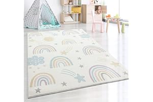 the carpet Dreamy Kids - Alfombra Infantil Moderna, Pelo Suave, fácil de cuidar, no destiñe, Estampado Arco Iris, Crema, 120 x 170 cm