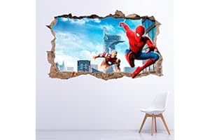 INGENIA HOME Vinilo decorativo adhesivo infantil Spiderman Iron Man con efecto 3D de pared rota – Varias medidas (180_x_109_cm)