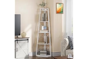 YITAHOME Corner Shelf 5 Tier, Industrial Corner Bookshelf Modern Floorstanding Corner Bookcase Ladder Shelf Wooden Open Shelving Unit for Living Room, Hallway, Home Office, Pure White Book shelf
