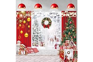 CINRAY Toile de fond de fenêtre de Noël d'hiver pour photographie de 2,1 x 1,5 m, arbre de Noël, couronne, fond de fenêtre, décoration de fête de famille, accessoires de photomaton