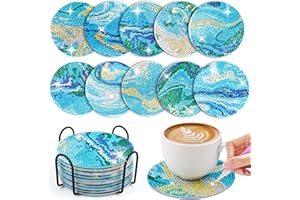 WuGU 10PCS Posavasos de Pintura Diamantes con Soporte, Posavasos de Diamantes, Posavasos de Arte de Diamantes para Bebidas de Bar, Principiantes, Adultos y Niños - Océano