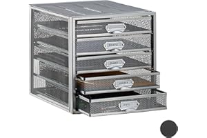 ‎RELAXDAYS Relaxdays Pudełko z szufladami, 5 szuflad, na dokumenty DIN A4, system porządkowania na biurko, półka na dokumenty, kolor srebrny