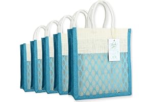 LAKS - Jute Gift bags - Jute Bags - Jute Bags For Return Gifts - Gift bags Small Size - 10x10x4 inch - With Seed Paper Thank You Card (Brocade - Blue, Pack of 10)