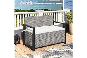 SFAREST 117cm Garden Storage Bench, 2 Person PE Rattan Deck Storage Box with Padded Cushion and Protective Liner, Outdoor Metal Frame Wicker Loveseat Park Chair Seat for Balcony Poolside (Mix Grey)