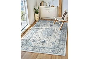 INOVADAY Machine Washable Rugs 90x150 cm Vintage Area Rug Low Pile Anti-Slip Carpet with Print Pattern for Living Room Bedroom Home Office Indoor Blue/Grey