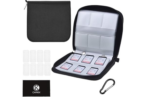 CamKix Étui pour cartes mémoire – Peut contenir jusqu'à 88 cartes SD, SDHC, Micro SD, Mini SD et 4X CF – Support avec 88 emplacements (8 pages) – pour le rangement et le voyage – Chiffon de nettoyage