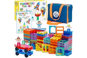 Science Kidz Magnetic Tiles - 100 Piece Set + 4 Play Figures + Storage Bag - Building Blocks for Kids Age 3-7 Year Olds - Educational STEM Toys for Boys & Girls - Assorted Magnetic Shapes & Colours