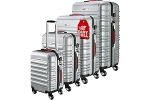 Monzana® Travel Suitcase Set 4 Piece | ABS Hard Shell Luggage | 4X Spinner Wheels | Anti-Scratch | Carry On Bag Small Cabin Medium Large XL Trolley Cases | Built in Lock | Silver