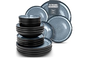 PURE LIVING INTERIOR DESIGN Ibiza 24-częściowy zestaw naczyń kamionkowych dla 6 osób, zestaw naczyń śródziemnomorskich, odporny na mycie w zmywarce, kuchenki mikrofalowej i zarysowania, zestaw misek i talerzy - zastawa stołowa