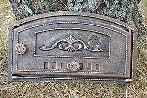 SEZAM Backofentür aus Gusseisen mit Thermometer 500 °C, nach rechts öffnend, Pizzaofentür - Brotofen - Steinofentür, 48,5 x 6,5 x 27,5 cm - halbrund, kupferfarbene Bemalung