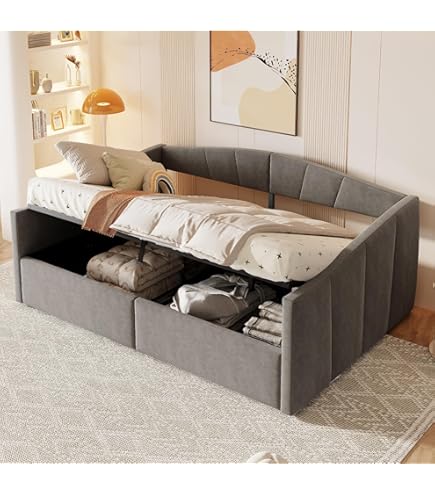 Daybett 140x200cm Mit LED Beleuchtung | USB+Type C | 2 Schubladen | Leinen Bezug