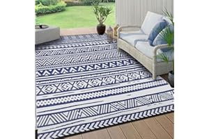 SHACOS Tapis d'Extérieur Bleu 150x240cm Réversible Tapis de Sol Plastique Exterieur Boho avec Motif Géométrique Tapis Tissé à Plat pour Terrasse, Balcon
