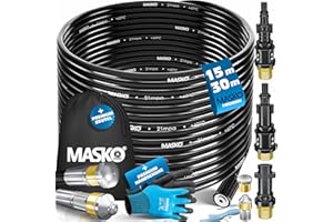 MASKO® Rohrreinigungsschlauch Set Abflussreiniger 15m, 200 bar inkl. Isolierband, Tasche 3 Adapter 2 Düsen, kompatibel mit Kärcher k2-k7 LAVOR Hochdruckreiniger universal Rohrreinigungsset+ Handschuhe