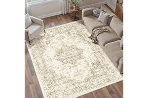 PureCozy 160x230 cm Beige Washable Rugs for Bedroom Living Room, Vintage Soft Area Rugs with Non-Slip Backing, Machine Washable, Lightweight Low-Pile Carpet for Kitchen, Office, Dining Room